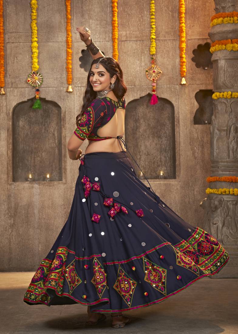 NAVY BLUE THREAD EMBROIDERED WITH MIRROR WORK VISCOSE RAYON TRADITIONAL NAVRATRI FESTIVAL SEMI STITCHED LEHENGA CHOLI