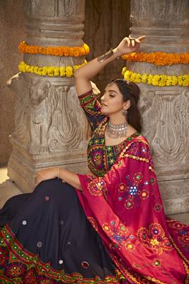 NAVY BLUE THREAD EMBROIDERED WITH MIRROR WORK VISCOSE RAYON TRADITIONAL NAVRATRI FESTIVAL SEMI STITCHED LEHENGA CHOLI 5