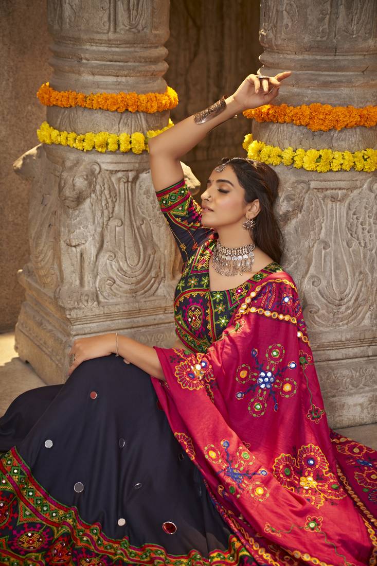 NAVY BLUE THREAD EMBROIDERED WITH MIRROR WORK VISCOSE RAYON TRADITIONAL NAVRATRI FESTIVAL SEMI STITCHED LEHENGA CHOLI