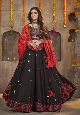 BLACK THREAD EMBROIDERED WITH MIRROR WORK VISCOSE RAYON TRADITIONAL NAVRATRI GARBA FESTIVAL SEMI STITCHED LEHENGA CHOLI 1