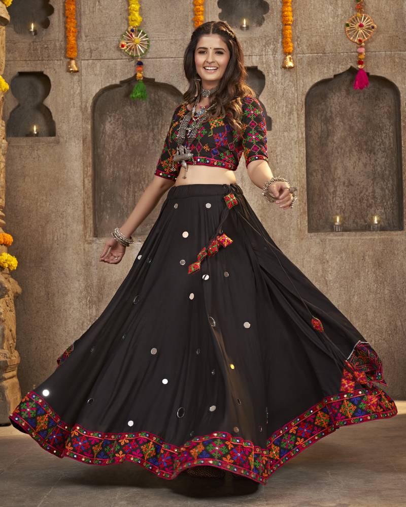 BLACK THREAD EMBROIDERED WITH MIRROR WORK VISCOSE RAYON TRADITIONAL NAVRATRI GARBA FESTIVAL SEMI STITCHED LEHENGA CHOLI