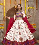 PEARL WHITE THREAD EMBROIDERED WITH MIRROR WORK VISCOSE RAYON TRADITIONAL NAVRATRI FESTIVAL SEMI STITCHED LEHENGA CHOLI