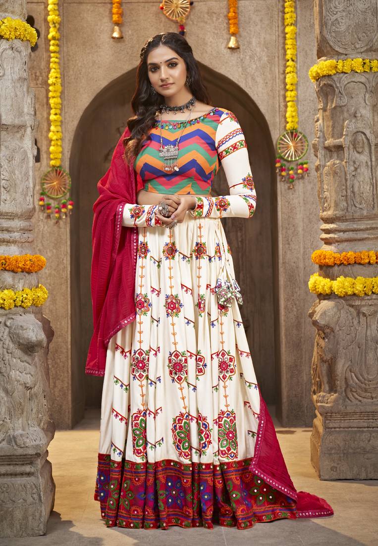 PEARL WHITE THREAD EMBROIDERED WITH MIRROR WORK VISCOSE RAYON TRADITIONAL NAVRATRI FESTIVAL SEMI STITCHED LEHENGA CHOLI