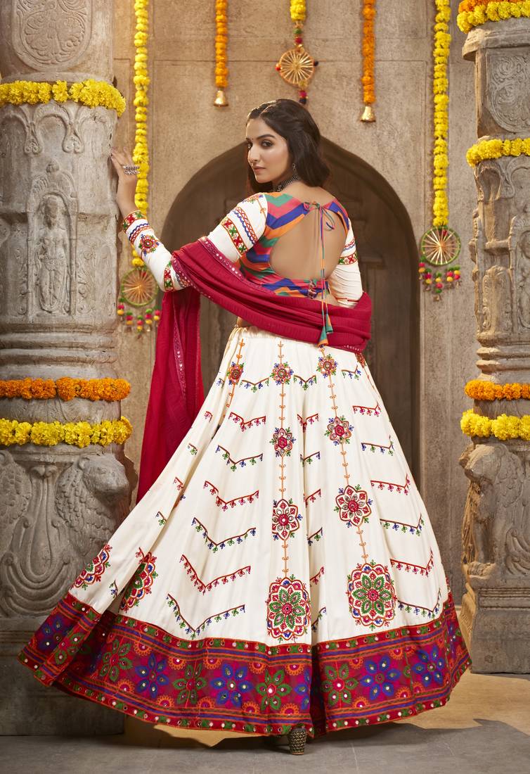 PEARL WHITE THREAD EMBROIDERED WITH MIRROR WORK VISCOSE RAYON TRADITIONAL NAVRATRI FESTIVAL SEMI STITCHED LEHENGA CHOLI