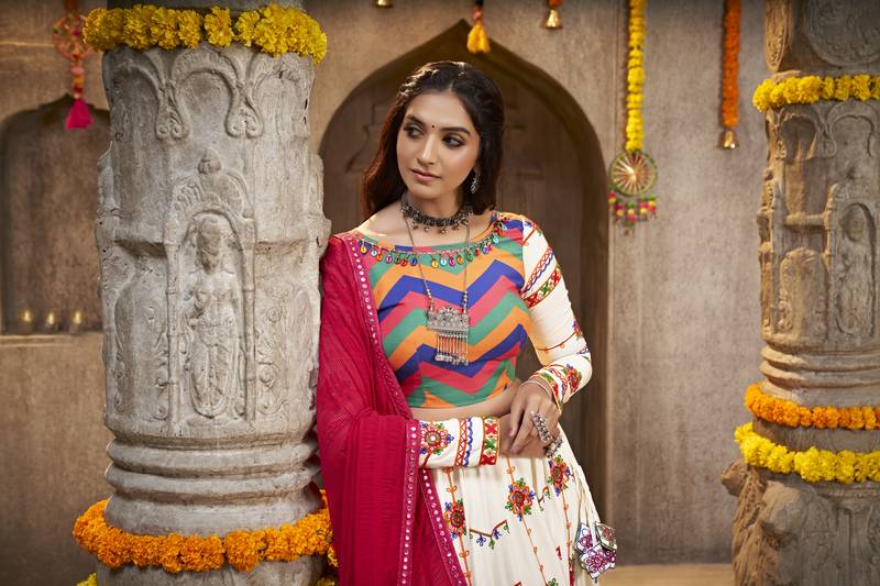 PEARL WHITE THREAD EMBROIDERED WITH MIRROR WORK VISCOSE RAYON TRADITIONAL NAVRATRI FESTIVAL SEMI STITCHED LEHENGA CHOLI