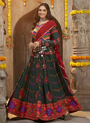 GREEN THREAD EMBROIDERED WITH MIRROR WORK VISCOSE RAYON TRADITIONAL NAVRATRI GARBA FESTIVAL SEMI STITCHED LEHENGA CHOLI 1