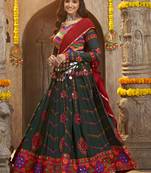 GREEN THREAD EMBROIDERED WITH MIRROR WORK VISCOSE RAYON TRADITIONAL NAVRATRI GARBA FESTIVAL SEMI STITCHED LEHENGA CHOLI