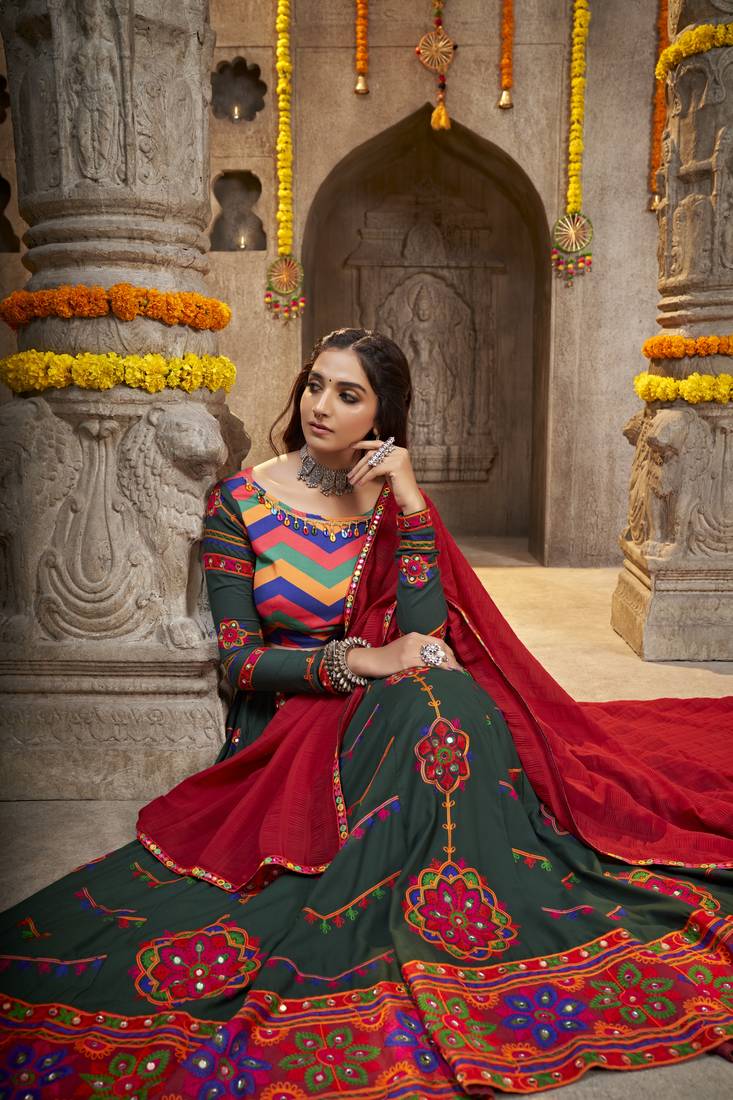 GREEN THREAD EMBROIDERED WITH MIRROR WORK VISCOSE RAYON TRADITIONAL NAVRATRI GARBA FESTIVAL SEMI STITCHED LEHENGA CHOLI
