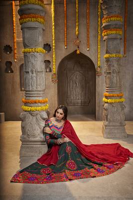 GREEN THREAD EMBROIDERED WITH MIRROR WORK VISCOSE RAYON TRADITIONAL NAVRATRI GARBA FESTIVAL SEMI STITCHED LEHENGA CHOLI 4