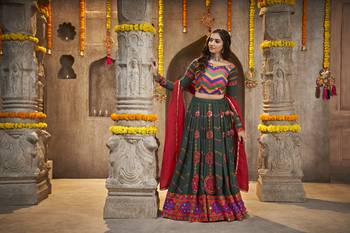 GREEN THREAD EMBROIDERED WITH MIRROR WORK VISCOSE RAYON TRADITIONAL NAVRATRI GARBA FESTIVAL SEMI STITCHED LEHENGA CHOLI 5