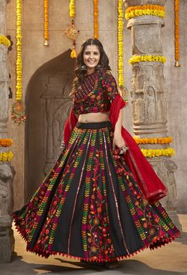 BLACK THREAD EMBROIDERED WITH MIRROR WORK VISCOSE RAYON TRADITIONAL NAVRATRI GARBA FESTIVAL SEMI STITCHED LEHENGA CHOLI 1