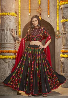 BLACK THREAD EMBROIDERED WITH MIRROR WORK VISCOSE RAYON TRADITIONAL NAVRATRI GARBA FESTIVAL SEMI STITCHED LEHENGA CHOLI 3
