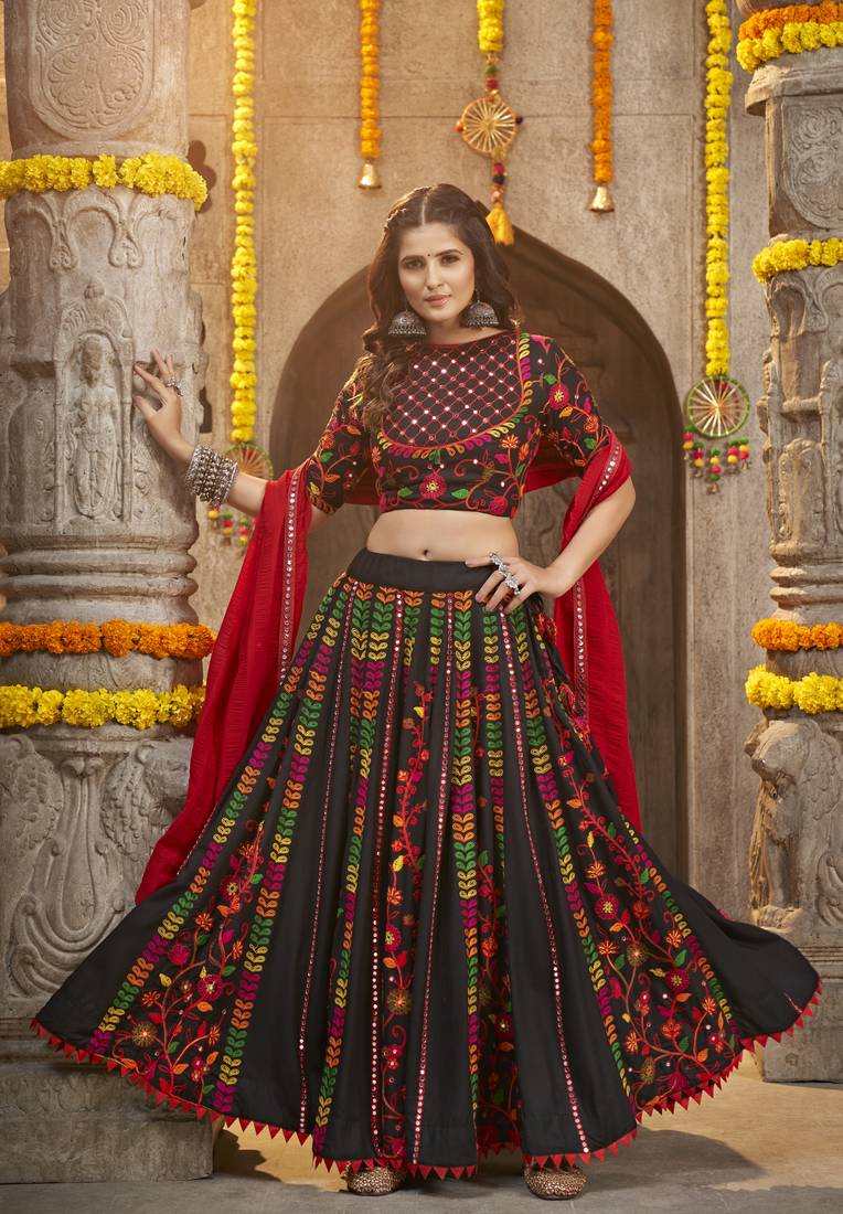 BLACK THREAD EMBROIDERED WITH MIRROR WORK VISCOSE RAYON TRADITIONAL NAVRATRI GARBA FESTIVAL SEMI STITCHED LEHENGA CHOLI
