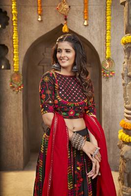 BLACK THREAD EMBROIDERED WITH MIRROR WORK VISCOSE RAYON TRADITIONAL NAVRATRI GARBA FESTIVAL SEMI STITCHED LEHENGA CHOLI 4