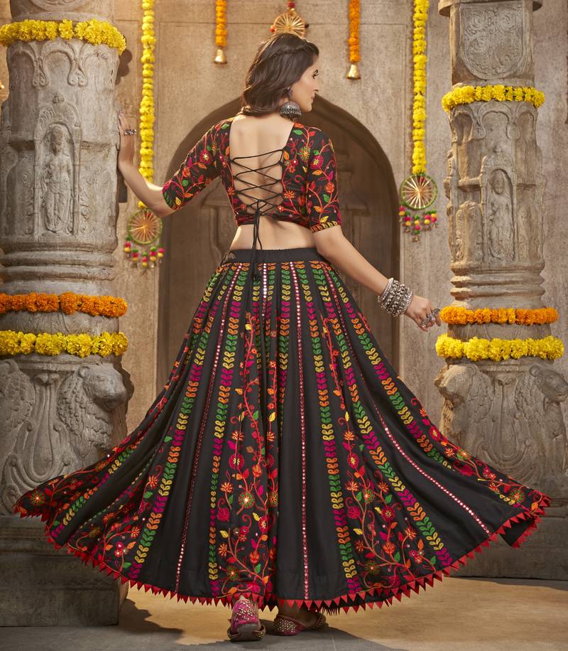 BLACK THREAD EMBROIDERED WITH MIRROR WORK VISCOSE RAYON TRADITIONAL NAVRATRI GARBA FESTIVAL SEMI STITCHED LEHENGA CHOLI