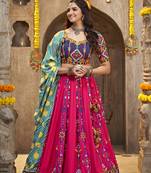 RANI PINK THREAD EMBROIDERED WITH MIRROR WORK VISCOSE RAYON TRADITIONAL NAVRATRI FESTIVAL SEMI STITCHED LEHENGA CHOLI