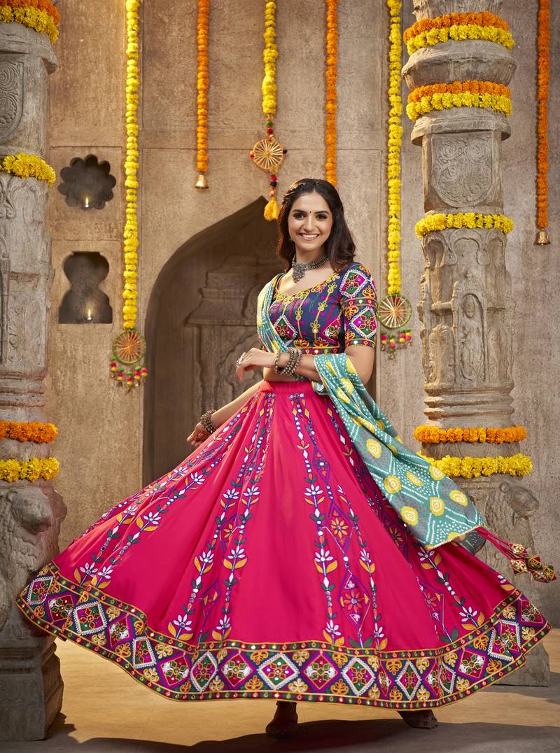 RANI PINK THREAD EMBROIDERED WITH MIRROR WORK VISCOSE RAYON TRADITIONAL NAVRATRI FESTIVAL SEMI STITCHED LEHENGA CHOLI