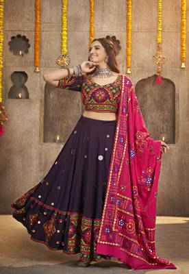 PURPLE THREAD EMBROIDERED WITH MIRROR WORK VISCOSE RAYON TRADITIONAL NAVRATRI GARBA FESTIVAL SEMI STITCHED LEHENGA CHOLI 1