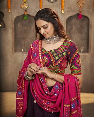 PURPLE THREAD EMBROIDERED WITH MIRROR WORK VISCOSE RAYON TRADITIONAL NAVRATRI GARBA FESTIVAL SEMI STITCHED LEHENGA CHOLI 3