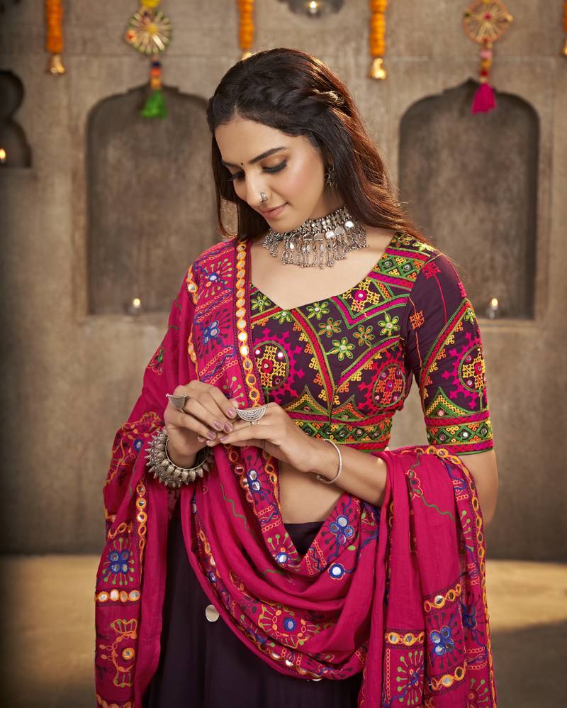 PURPLE THREAD EMBROIDERED WITH MIRROR WORK VISCOSE RAYON TRADITIONAL NAVRATRI GARBA FESTIVAL SEMI STITCHED LEHENGA CHOLI