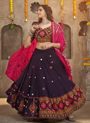 PURPLE THREAD EMBROIDERED WITH MIRROR WORK VISCOSE RAYON TRADITIONAL NAVRATRI GARBA FESTIVAL SEMI STITCHED LEHENGA CHOLI 4