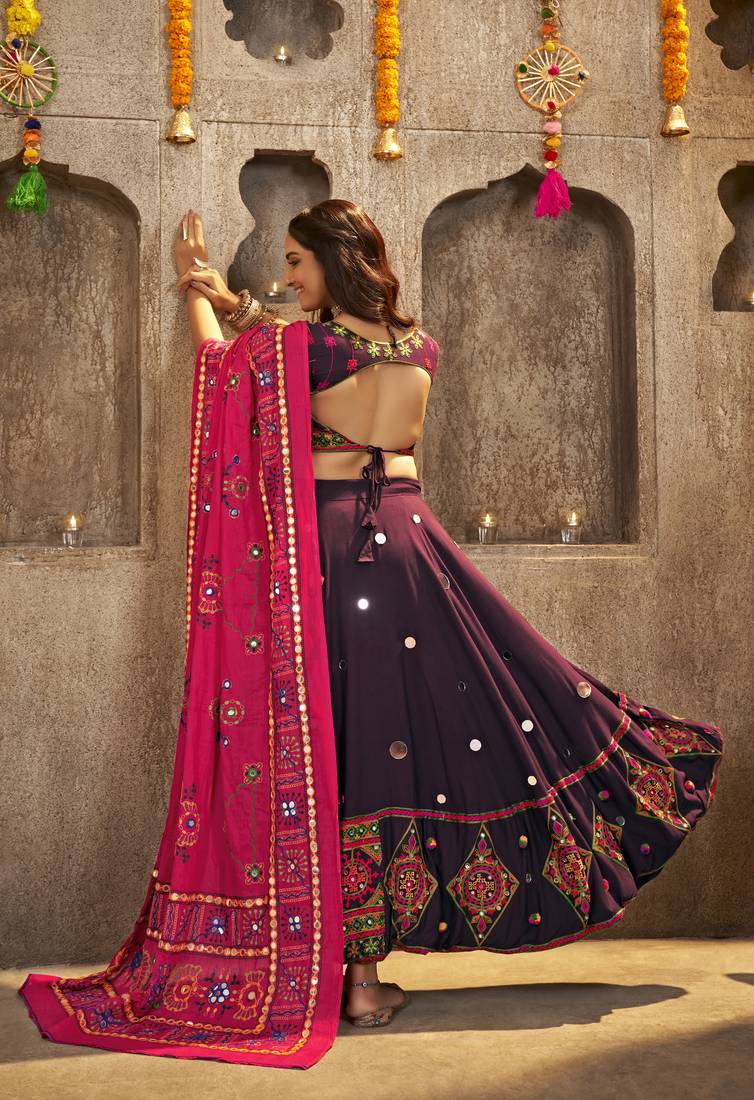 PURPLE THREAD EMBROIDERED WITH MIRROR WORK VISCOSE RAYON TRADITIONAL NAVRATRI GARBA FESTIVAL SEMI STITCHED LEHENGA CHOLI