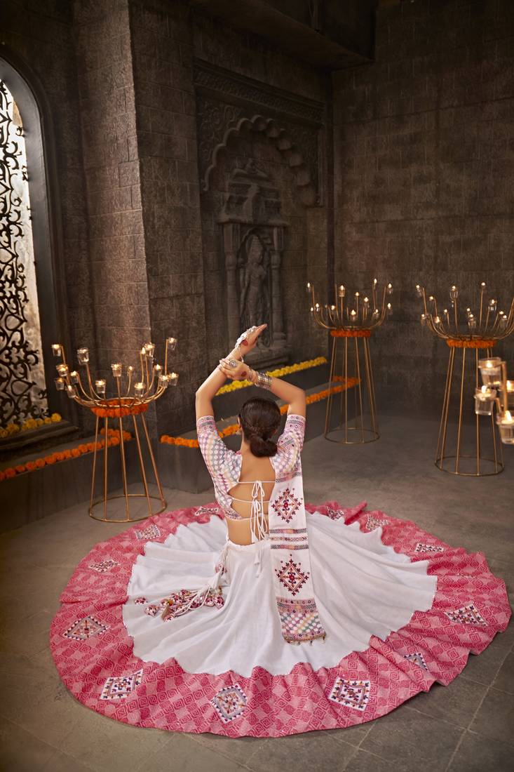 WHITE THREAD EMBROIDERED WITH MIRROR WORK COTTON TRADITIONAL NAVRATRI GARBA FESTIVAL SEMI STITCHED LEHENGA CHOLI