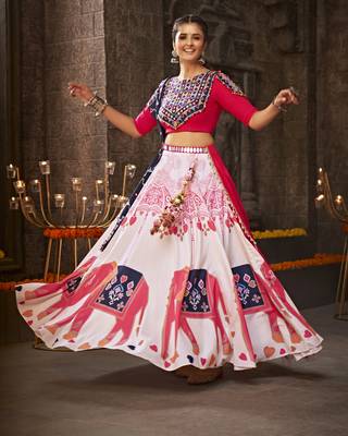 WHITE THREAD EMBROIDERED WITH MIRROR WORK VISCOSE RAYON TRADITIONAL NAVRATRI GARBA FESTIVAL SEMI STITCHED LEHENGA CHOLI 1