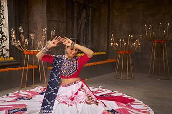 WHITE THREAD EMBROIDERED WITH MIRROR WORK VISCOSE RAYON TRADITIONAL NAVRATRI GARBA FESTIVAL SEMI STITCHED LEHENGA CHOLI 4