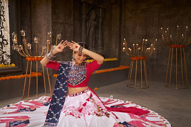 WHITE THREAD EMBROIDERED WITH MIRROR WORK VISCOSE RAYON TRADITIONAL NAVRATRI GARBA FESTIVAL SEMI STITCHED LEHENGA CHOLI