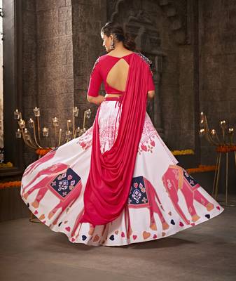 WHITE THREAD EMBROIDERED WITH MIRROR WORK VISCOSE RAYON TRADITIONAL NAVRATRI GARBA FESTIVAL SEMI STITCHED LEHENGA CHOLI 5