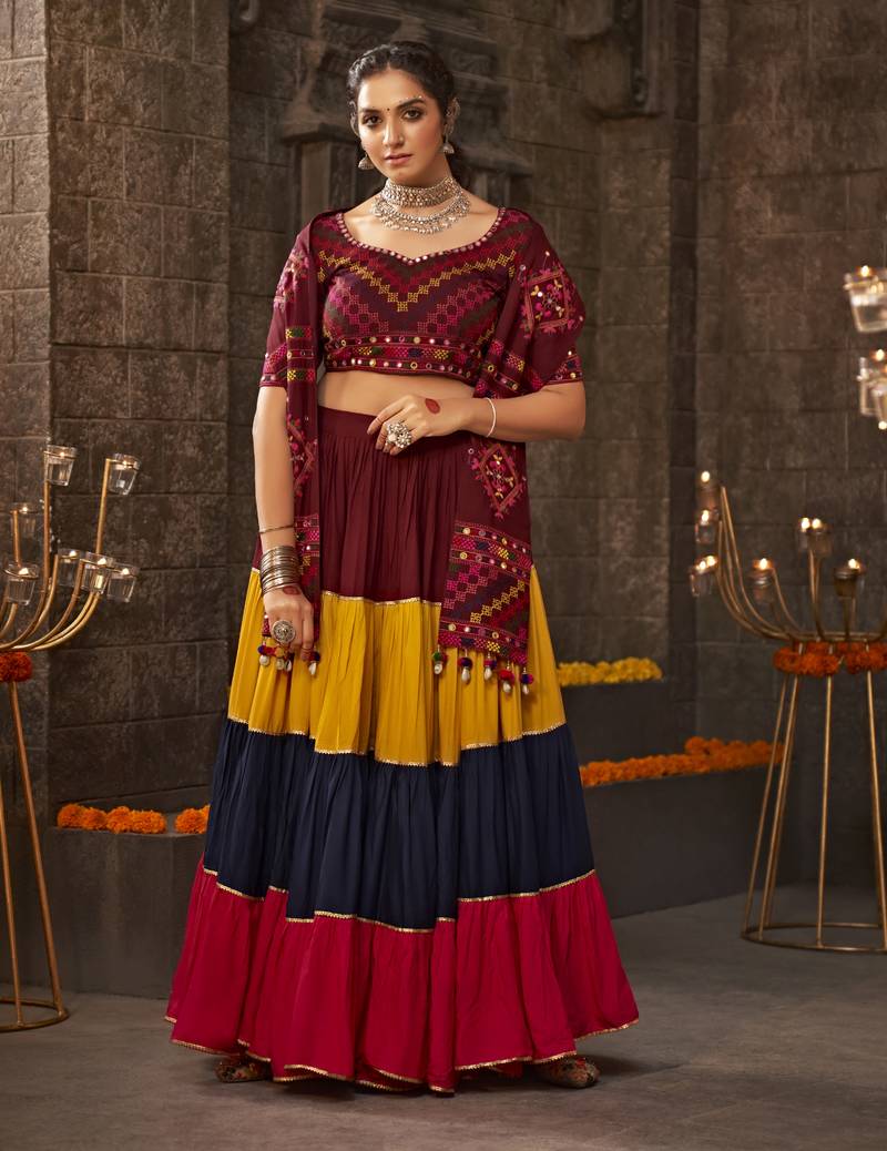 MULTICOLOR THREAD EMBROIDERED WITH MIRROR WORK VISCOSE RAYON TRADITIONAL NAVRATRI 22 METER FLAIR LEHENGA CHOLI