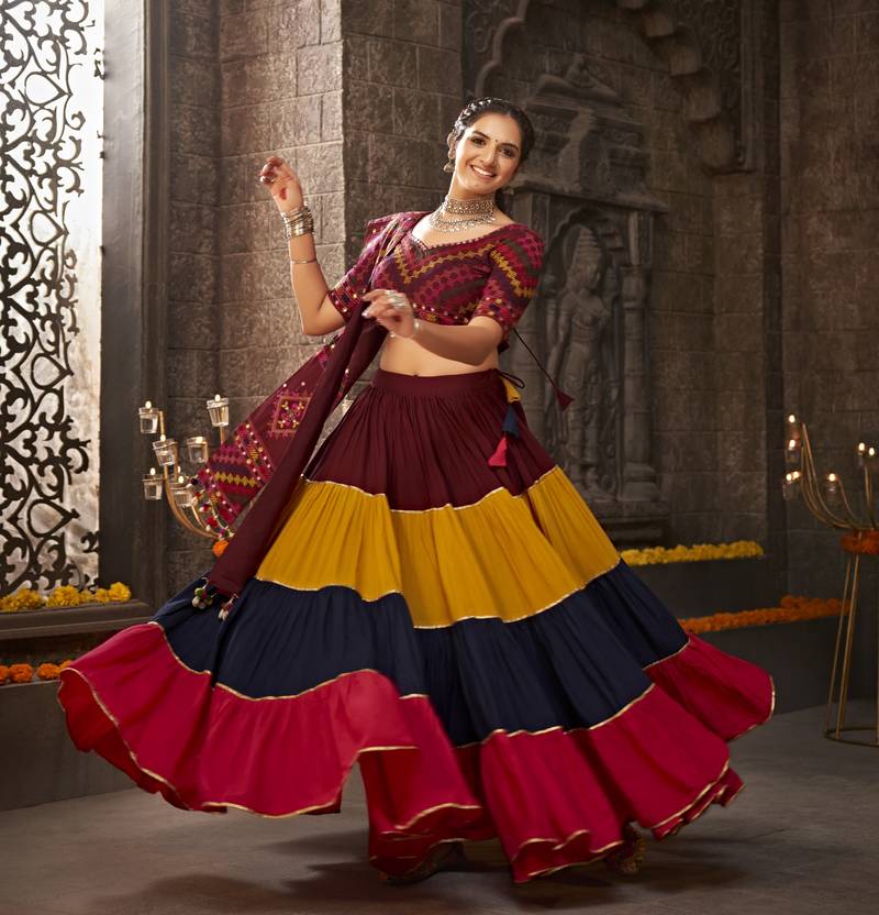 MULTICOLOR THREAD EMBROIDERED WITH MIRROR WORK VISCOSE RAYON TRADITIONAL NAVRATRI 22 METER FLAIR LEHENGA CHOLI