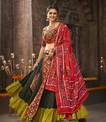 GREEN THREAD EMBROIDERED WITH MIRROR WORK VISCOSE RAYON TRADITIONAL NAVRATRI GARBA FESTIVAL SEMI STITCHED LEHENGA CHOLI