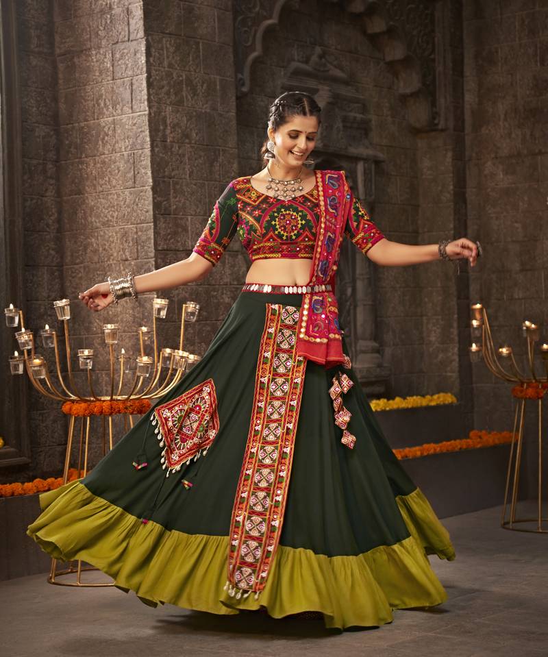 GREEN THREAD EMBROIDERED WITH MIRROR WORK VISCOSE RAYON TRADITIONAL NAVRATRI GARBA FESTIVAL SEMI STITCHED LEHENGA CHOLI