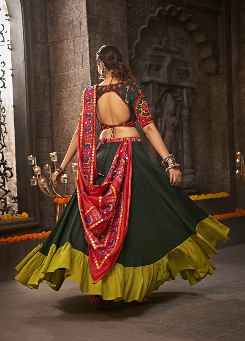 GREEN THREAD EMBROIDERED WITH MIRROR WORK VISCOSE RAYON TRADITIONAL NAVRATRI GARBA FESTIVAL SEMI STITCHED LEHENGA CHOLI