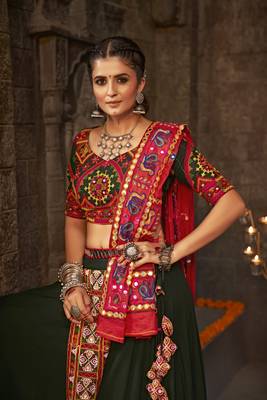 GREEN THREAD EMBROIDERED WITH MIRROR WORK VISCOSE RAYON TRADITIONAL NAVRATRI GARBA FESTIVAL SEMI STITCHED LEHENGA CHOLI 5