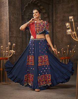 Blue Viscose Mirror Work Thread Embroidered Lehenga Choli 1
