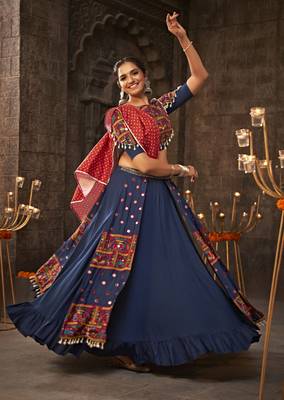 Blue Viscose Mirror Work Thread Embroidered Lehenga Choli 3