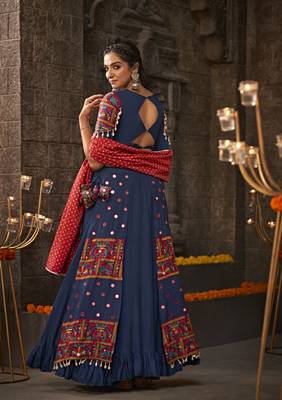 Blue Viscose Mirror Work Thread Embroidered Lehenga Choli 5