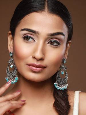 Oxidised Silver-Toned & Blue Stone Studded Chandbalis 1