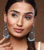 Oxidised Silver-Toned & Blue Stone Studded Chandbalis