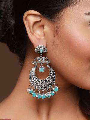 Oxidised Silver-Toned & Blue Stone Studded Chandbalis 2