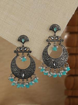 Oxidised Silver-Toned & Blue Stone Studded Chandbalis 3