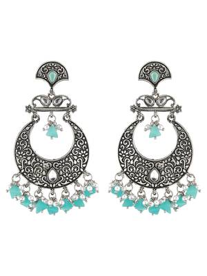 Oxidised Silver-Toned & Blue Stone Studded Chandbalis 4