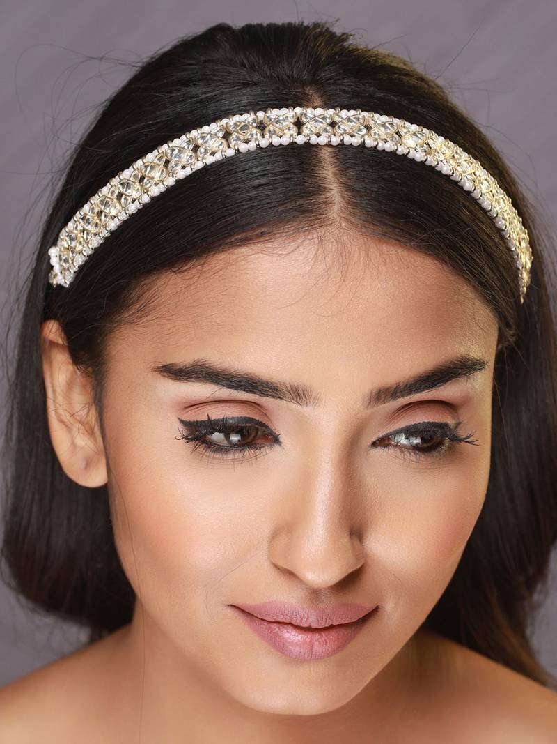 Silver Plated White Kundan Studded & Beaded Matha Patti