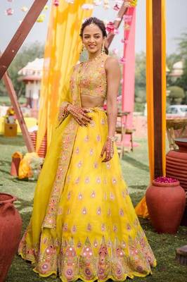 Yellow Thread with Plastic Mirror Embroidery Georgette Lehenga Choli with Dupatta 1