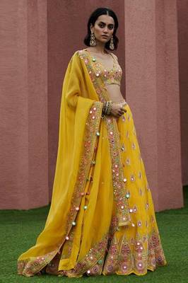 Yellow Thread with Plastic Mirror Embroidery Georgette Lehenga Choli with Dupatta 3