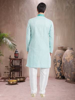 Indian Poshakh White Art Silk Pure Linen Kurta Pajama 5