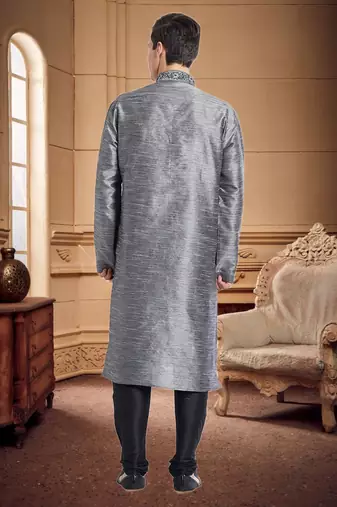Indian Poshakh Black Art Silk Silk Blend Kurta Pajama
